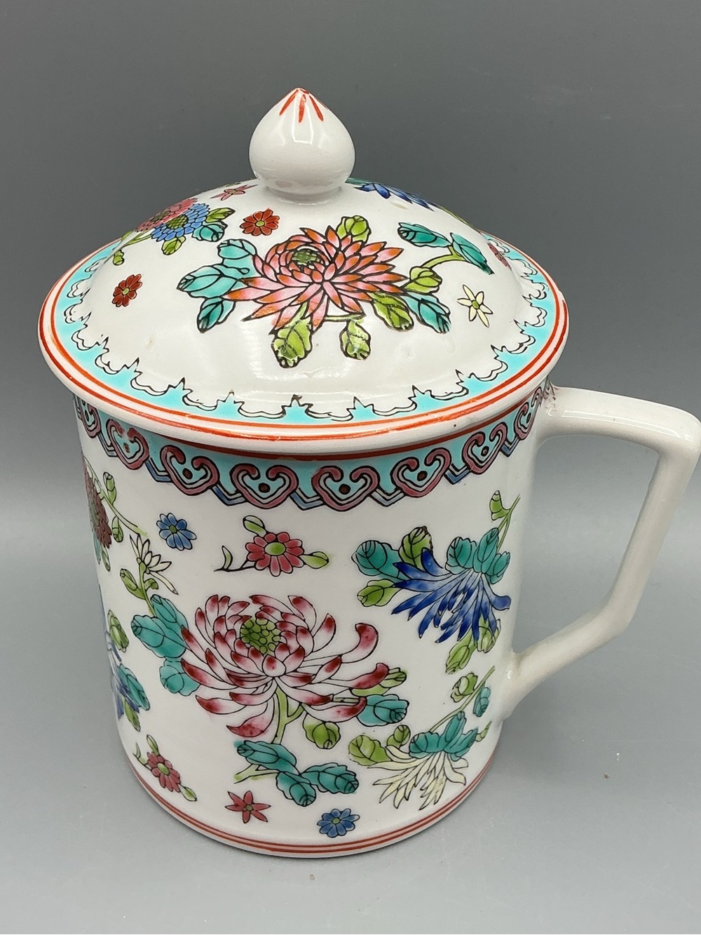 Floral Lidded Vintage Porcelain Mug - White with Multicolor Floral Pattern